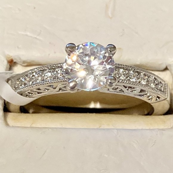 Silver Filigree Victorian Engagement Ring Size 9 10 Cubic Zirconia RhodiumPlated - Picture 3 of 10